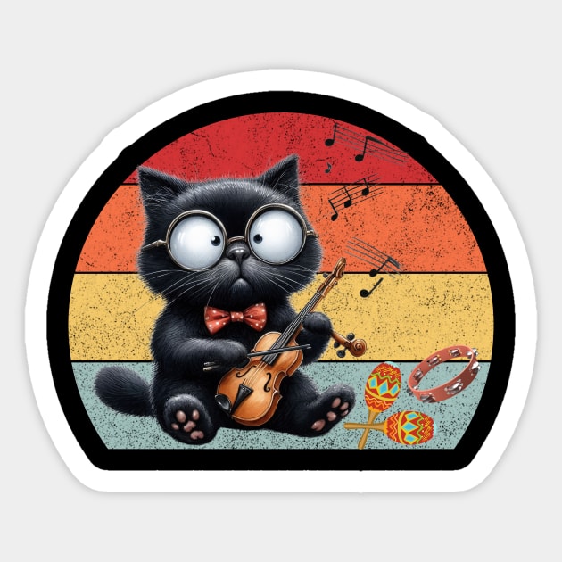 Funny Retro Cat Playing Violin Violinist Sticker by Positive Designer